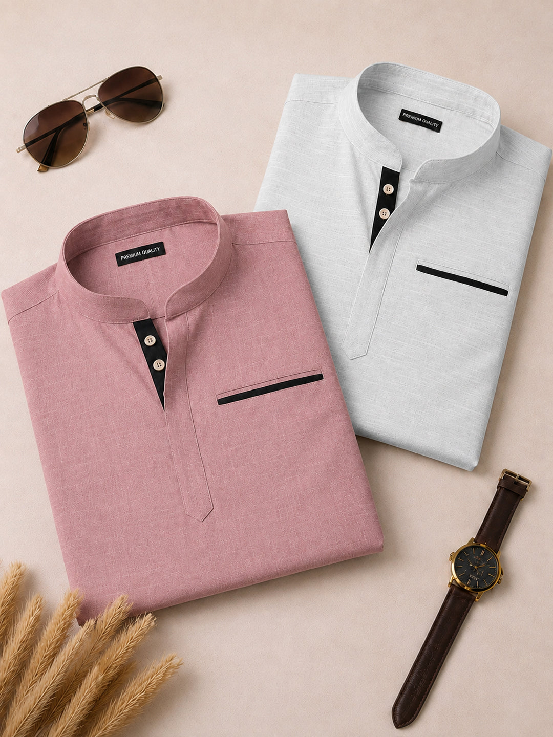 Pack Of 2 Urban Fit Rose Gold & White Short Linen Kurta For Men