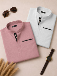 Pack Of 2 Urban Fit Rose Gold & White Short Linen Kurta For Men