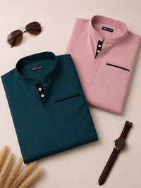 Pack Of 2 Urban Fit Royal Blue & Rose Gold Short Linen Kurta For Men