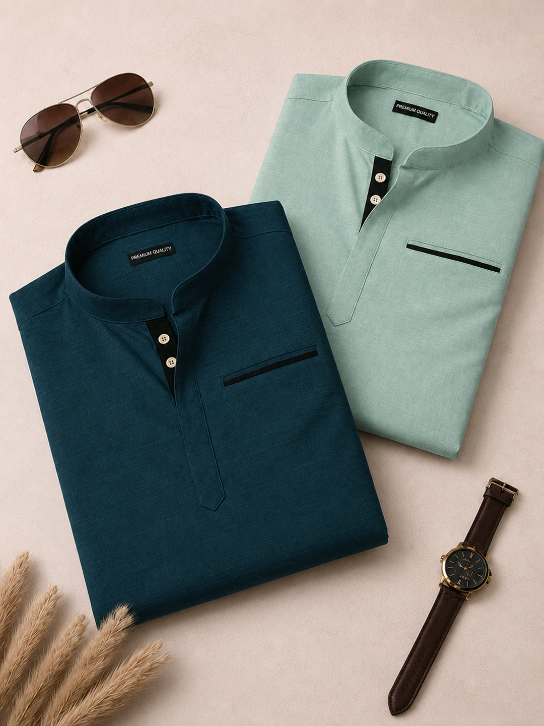 Pack Of 2 Urban Fit Royal Blue & Sea Green Short Linen Kurta For Men