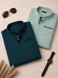 Pack Of 2 Urban Fit Royal Blue & Sea Green Short Linen Kurta For Men