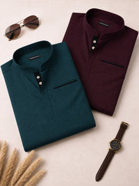 Pack Of 2 Urban Fit Wine & Royal Blue Short Linen Kurta For Men