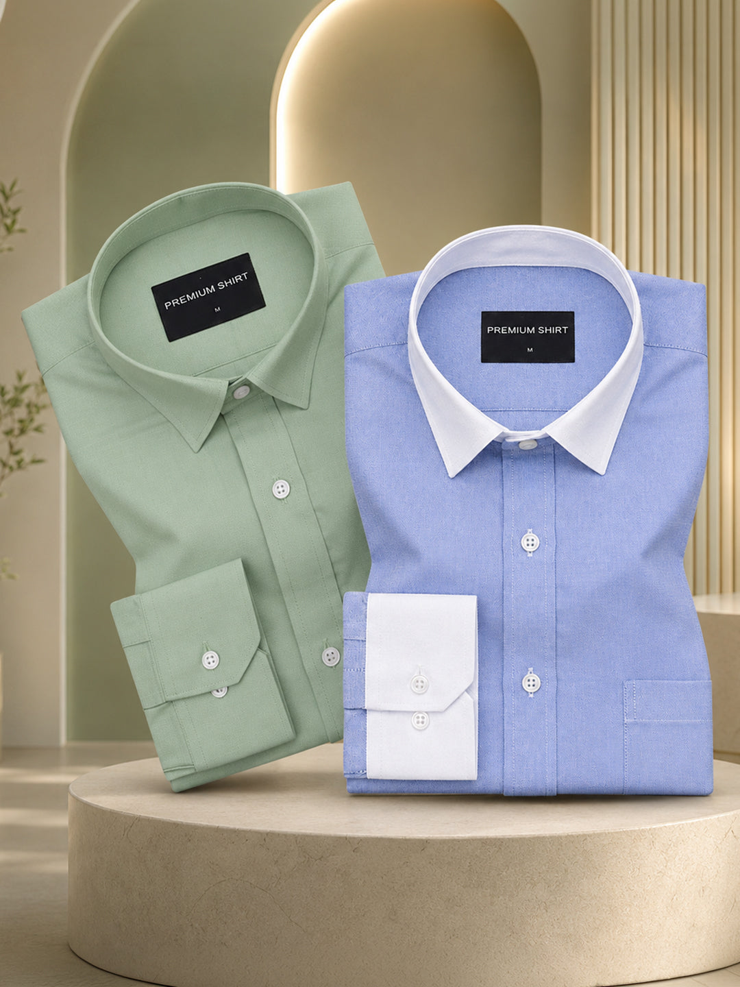 Pack of 2 Sea Green Formal & Denim Blue White Collar Oxford Cotton Shirt For Men