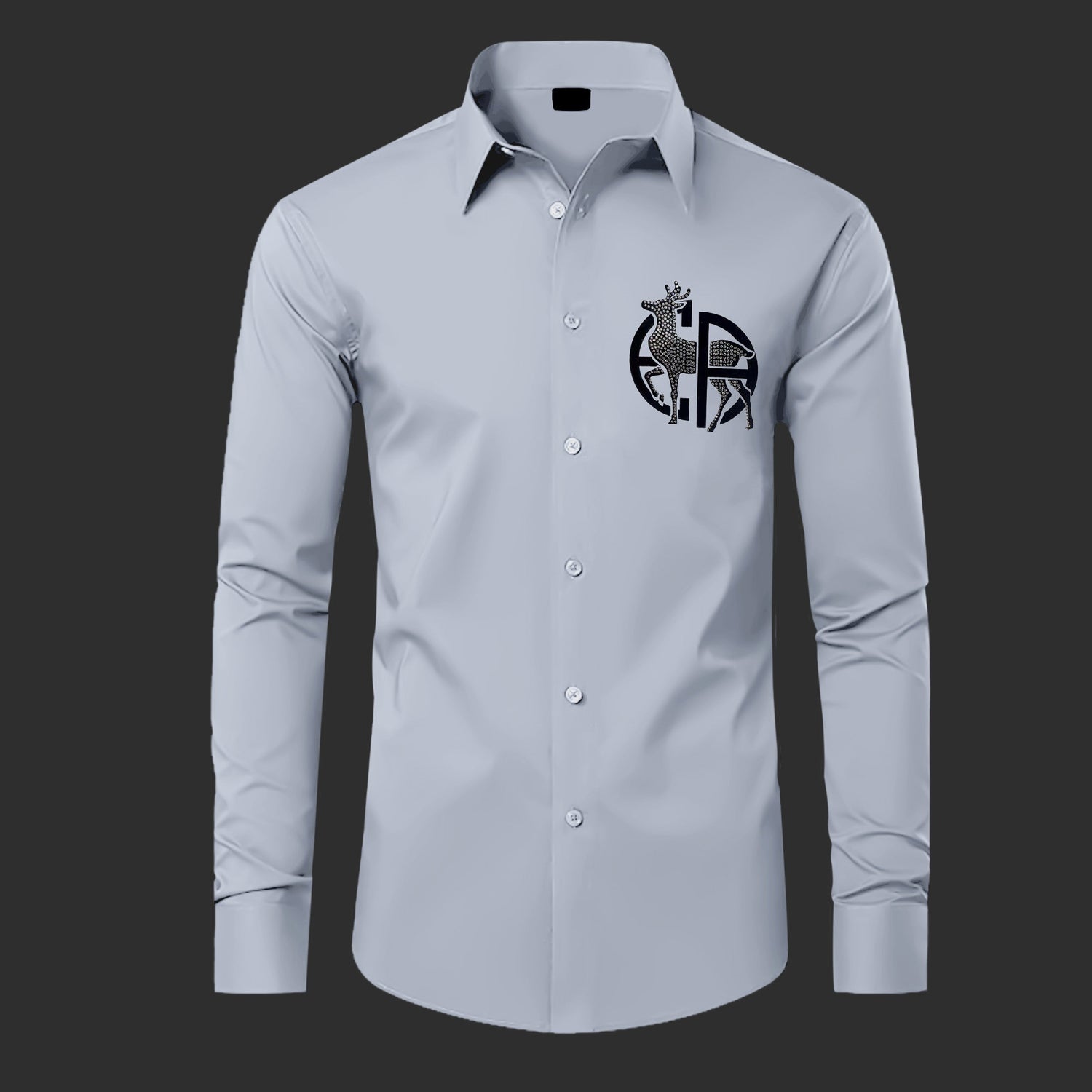 Gray dress shirt with a logo on a black background