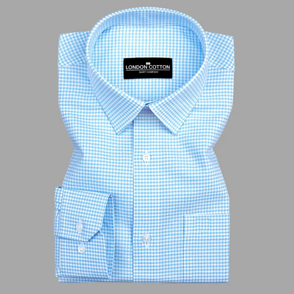Blue checkered shirt with 'London Cotton' label on a gray background
