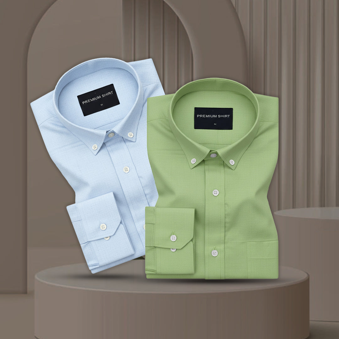 Pack of 2 Oxford Cotton Shirt For Men (Sky Blue & Green)