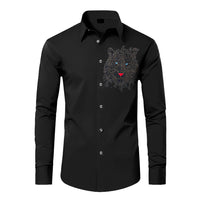 Black shirt with a decorative tiger face design on a white background