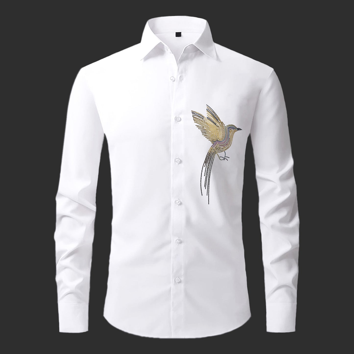 White shirt with a bird embroidery design on a black background