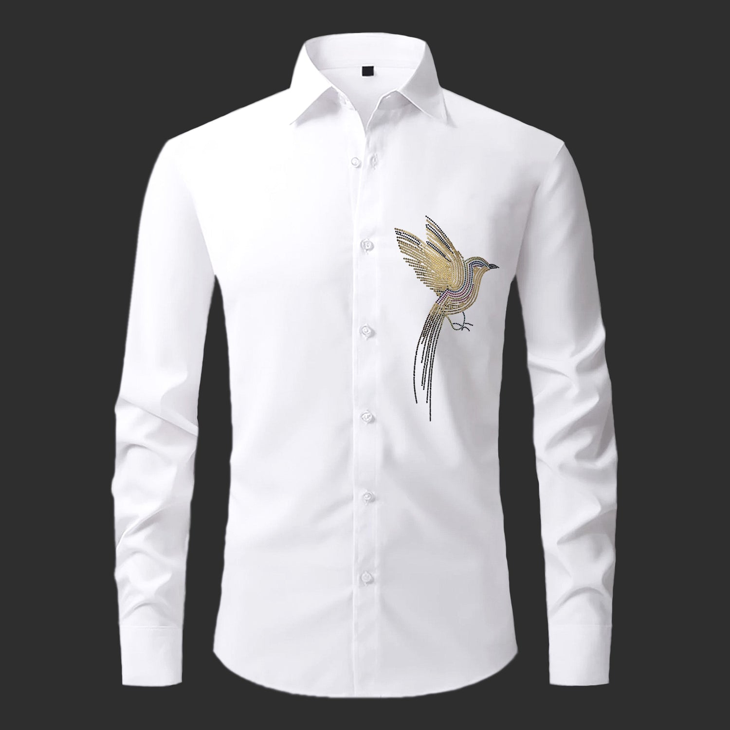 White shirt with a bird embroidery design on a black background