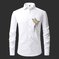White shirt with a bird embroidery design on a black background