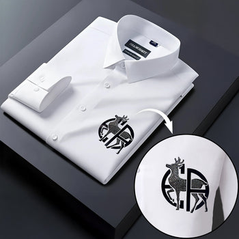 White dress shirt with a black logo on a dark surface