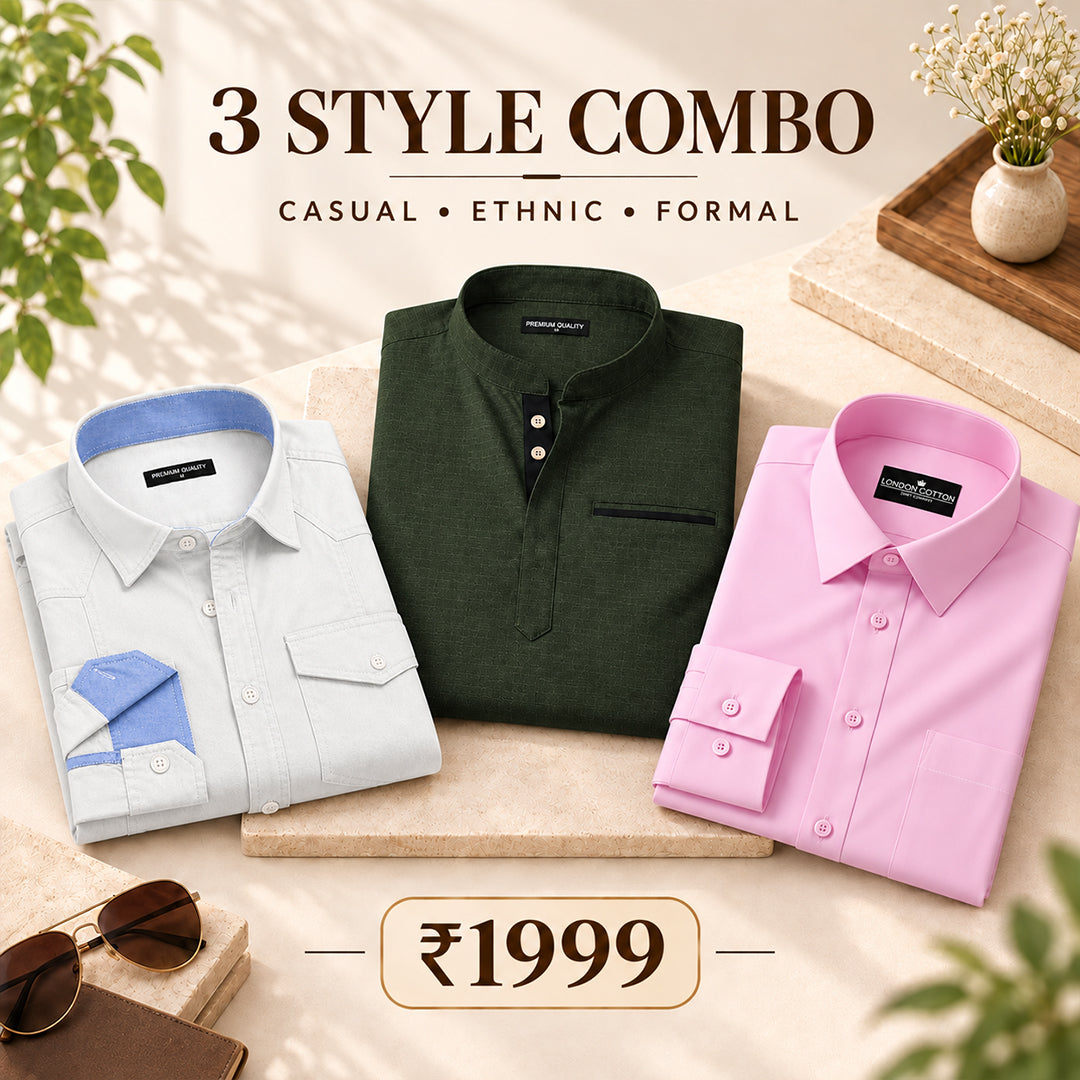 3 Style Combo (White Cargo, Bottle Green Kurta, Pink Plain Shirt)