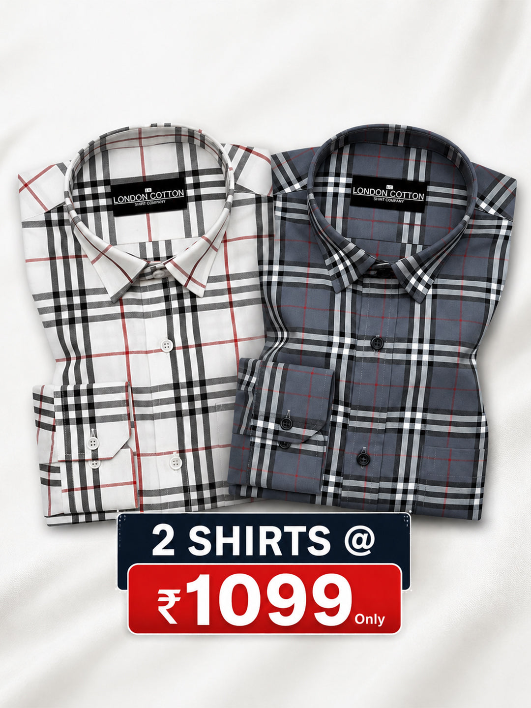 Pack of 2 Tartan Check Cotton Shirt (White & Denim)