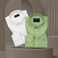Pack of 2 Oxford Cotton Shirt For Men (White & Green)