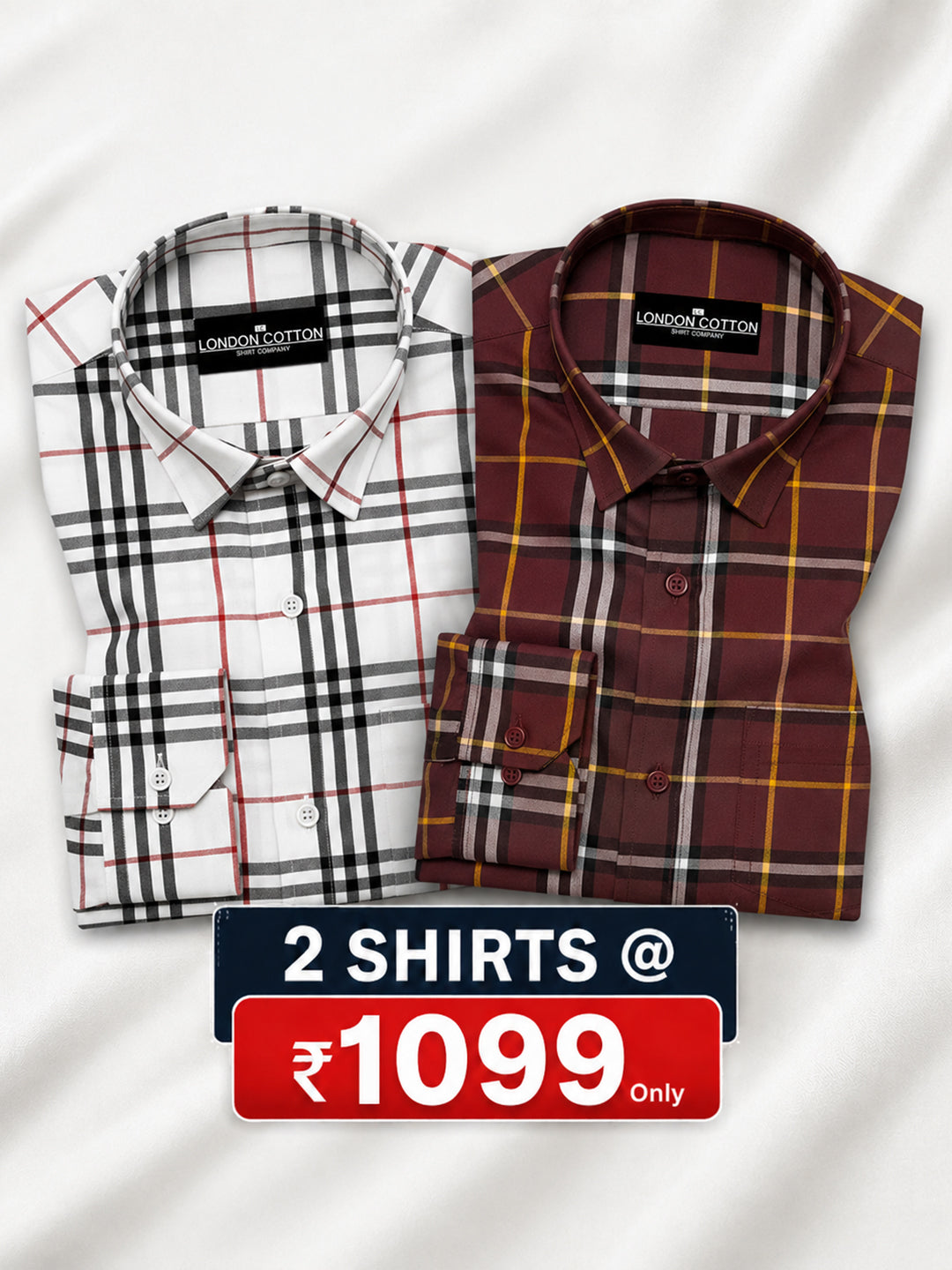 Pack of 2 Tartan Check Cotton Shirt (White & Red)
