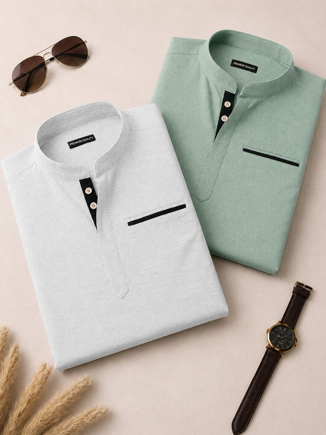 Pack Of 2 Urban Fit White & Sea Green Short Linen Kurta For Men