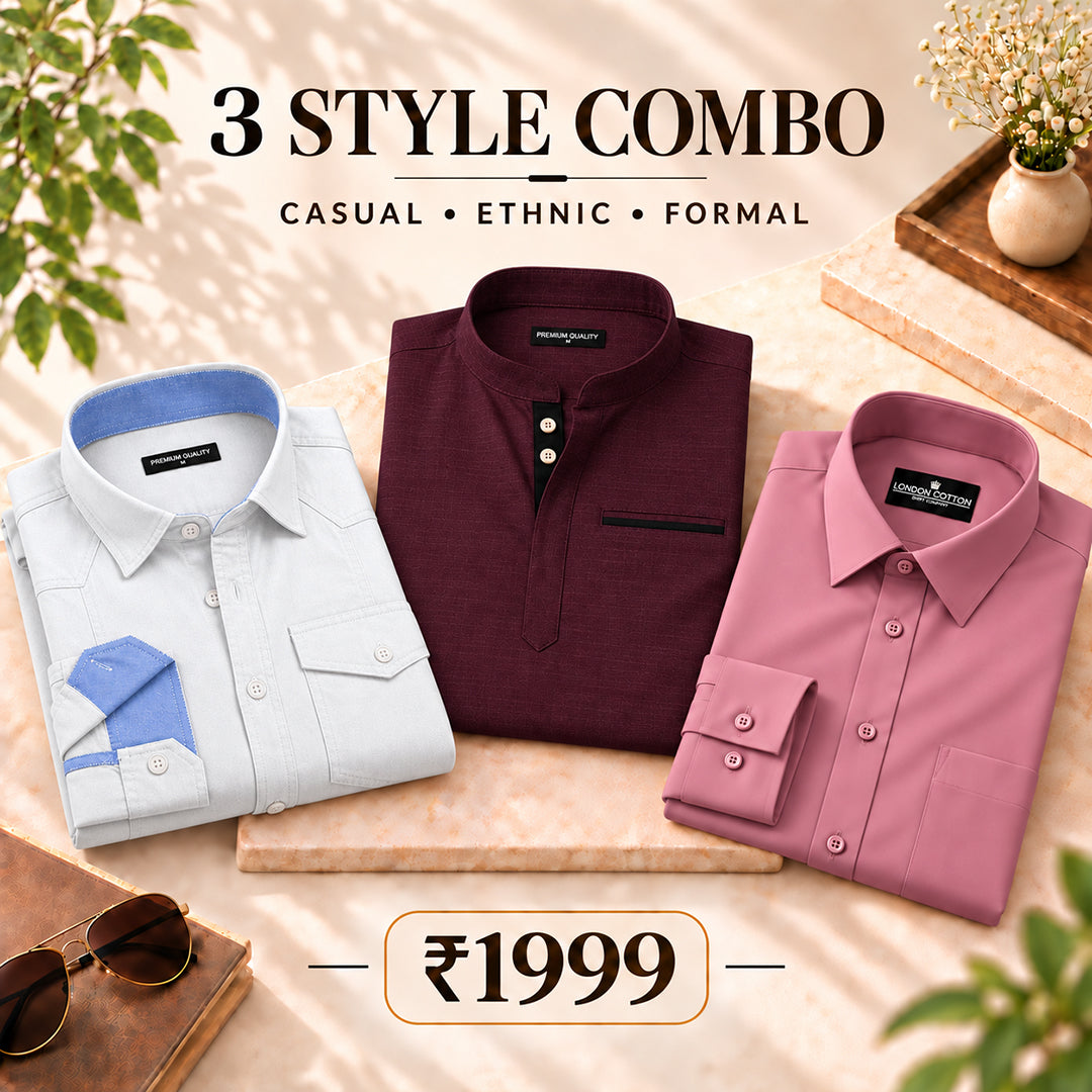3 Style Combo (White Cargo, Wine Kurta, Solid Pink Plain Shirt)