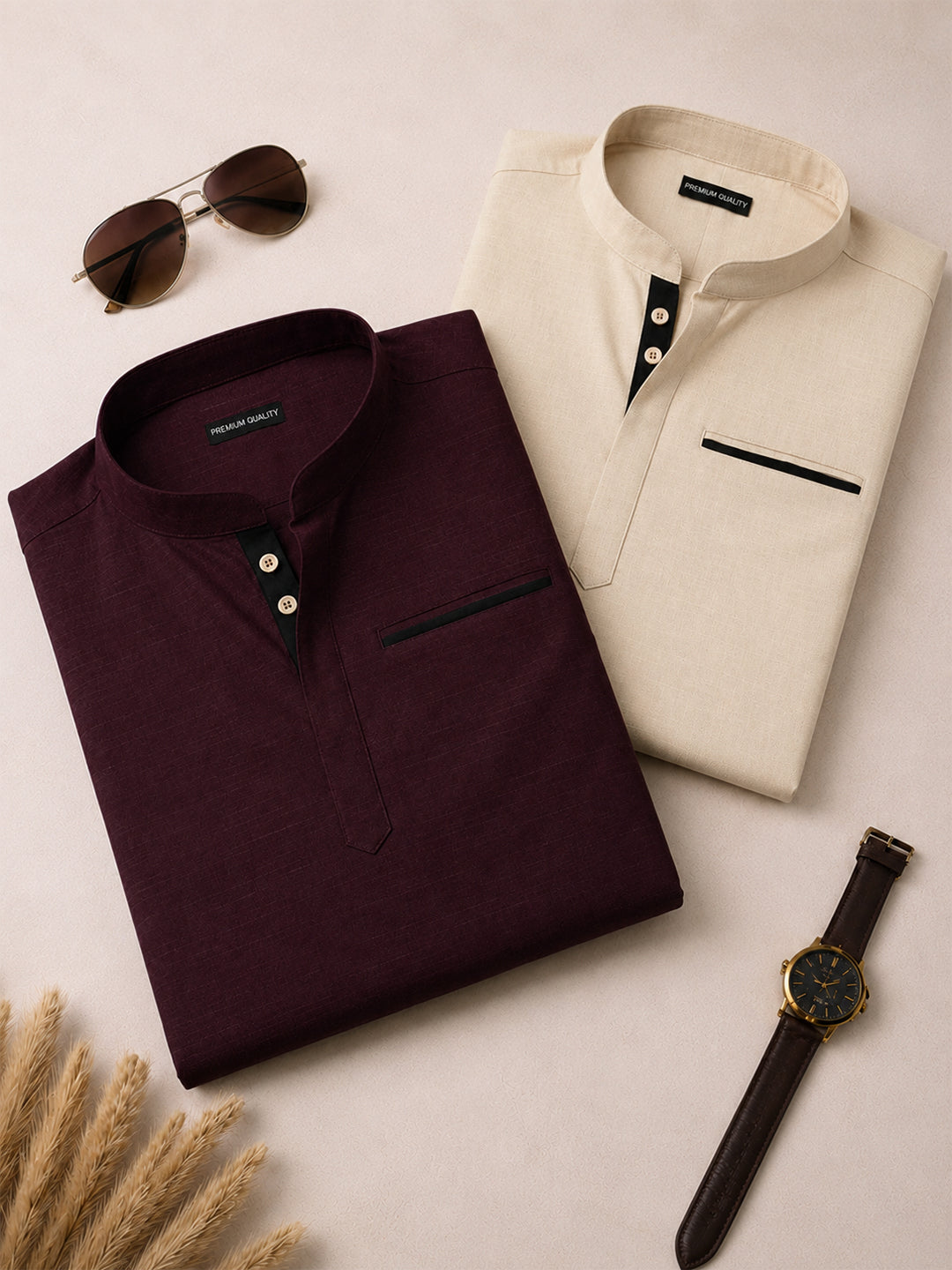 Pack Of 2 Urban Fit Wine & Cream Short Linen Kurta For Men