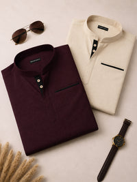 Pack Of 2 Urban Fit Wine & Cream Short Linen Kurta For Men
