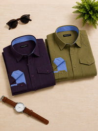 Pack Of 2 Cargo Style Wine & Olive Shirt