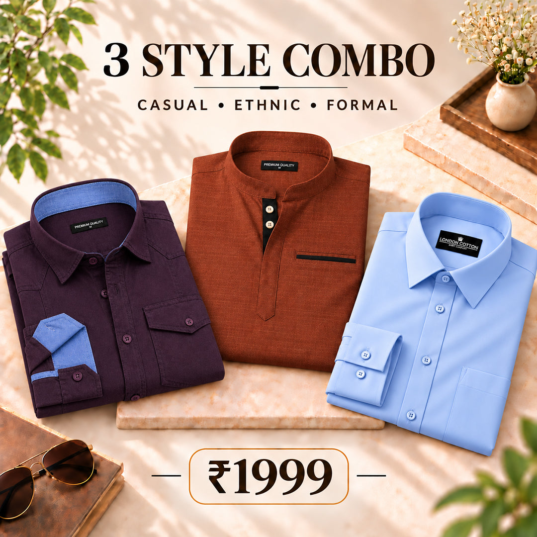 3 Style Combo (Wine Cargo, Orange Kurta, Sky Blue Plain Shirt)