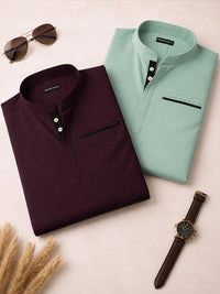 Pack Of 2 Urban Fit Wine & Sea Green Short Linen Kurta For Men