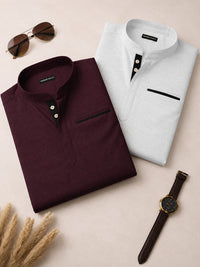 Pack Of 2 Urban Fit Wine & White Short Linen Kurta For Men