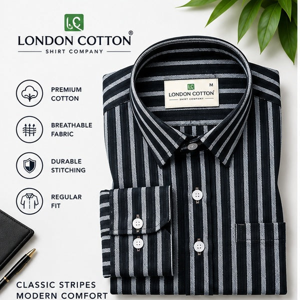 Black & White Textured Linen Striped Shirt – Regular Fit